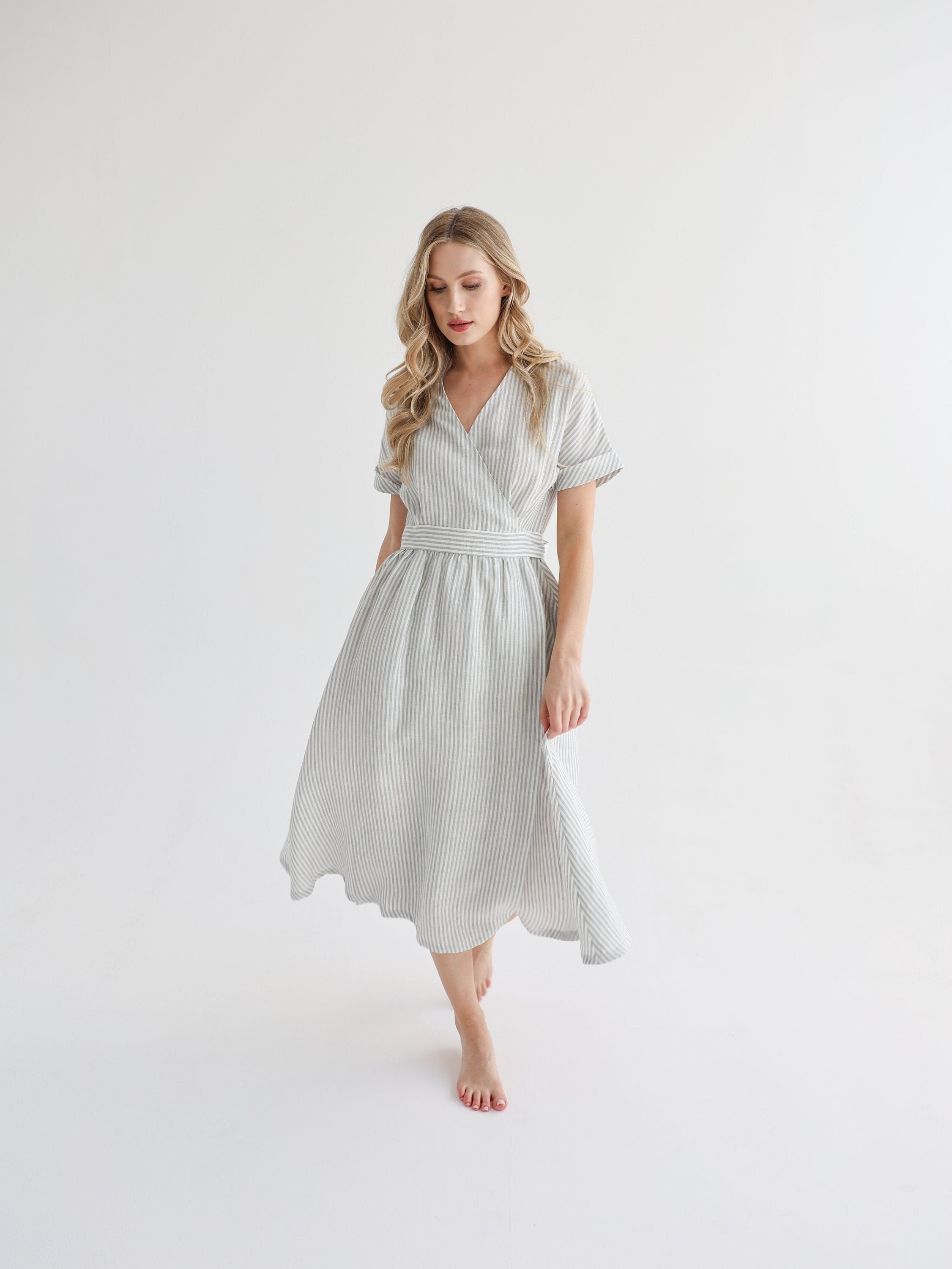Striped Linen Wrap Dress, Elegant Waist Tie, Flared Skirt