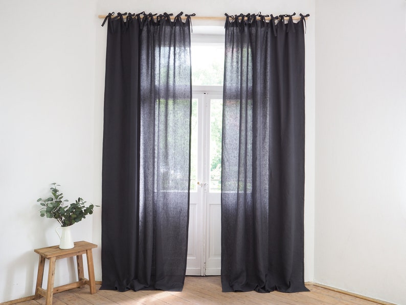 charcoal linen drapes with tie tops