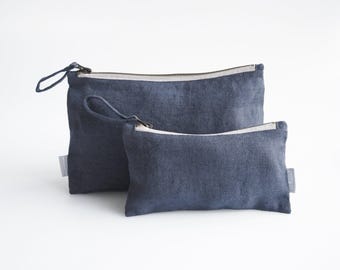 Sustainable beauty accessories. minimalist linen makeup bag in charcoal color.