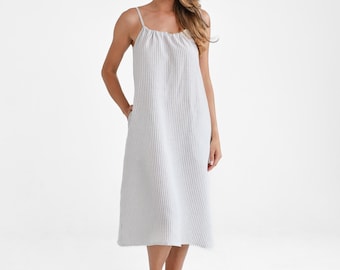 Striped Linen Dress, Loose Fit, Breathable Summer Linen Wear