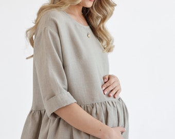 Linen maternity dress in natural linen color. linen dress daisy.