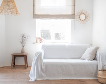 Linen couch cover, sofa cover, heavy linen bed throw | pure white couch cover