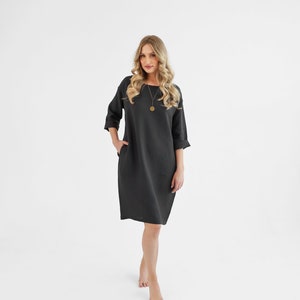Simple linen shift dress in black. linen dress peony. image 2
