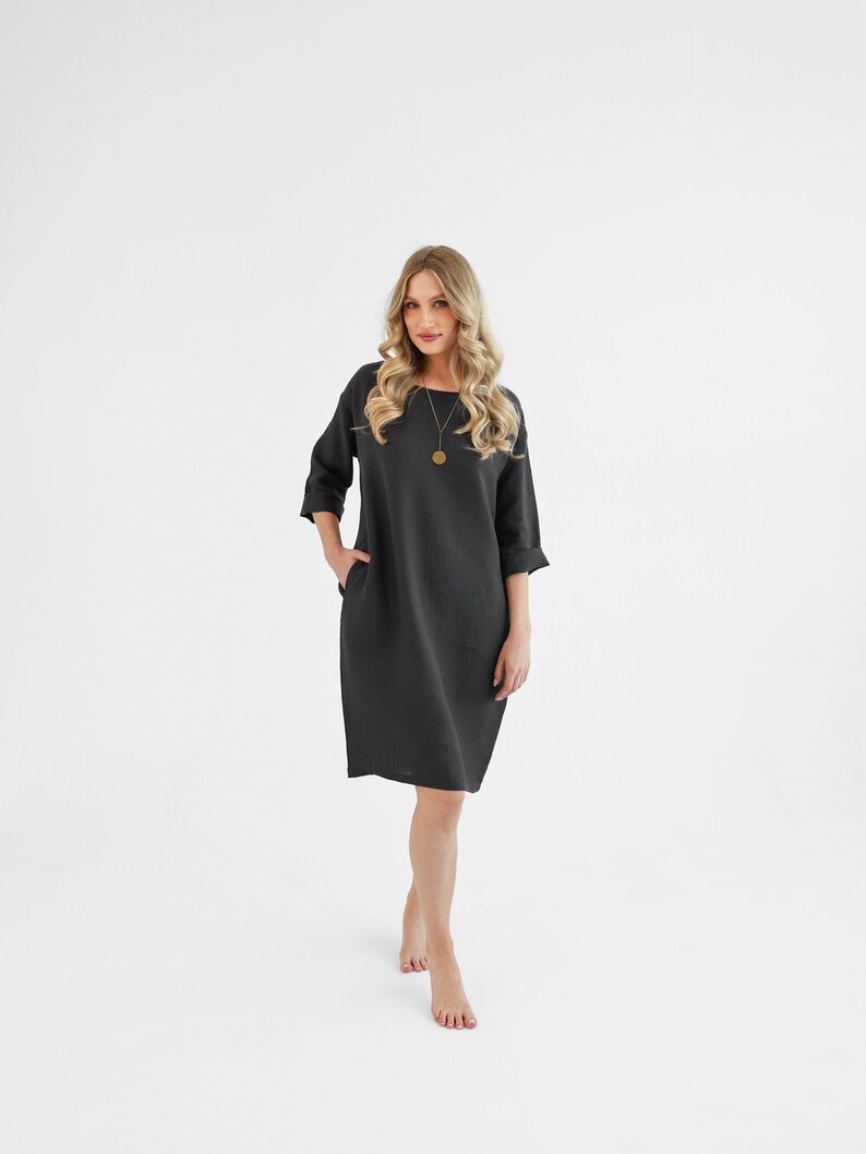 Simple linen shift dress in black. linen dress peony. image 2