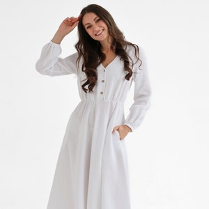 Boho linen dress in pure white color. linen dress camellia. image 1
