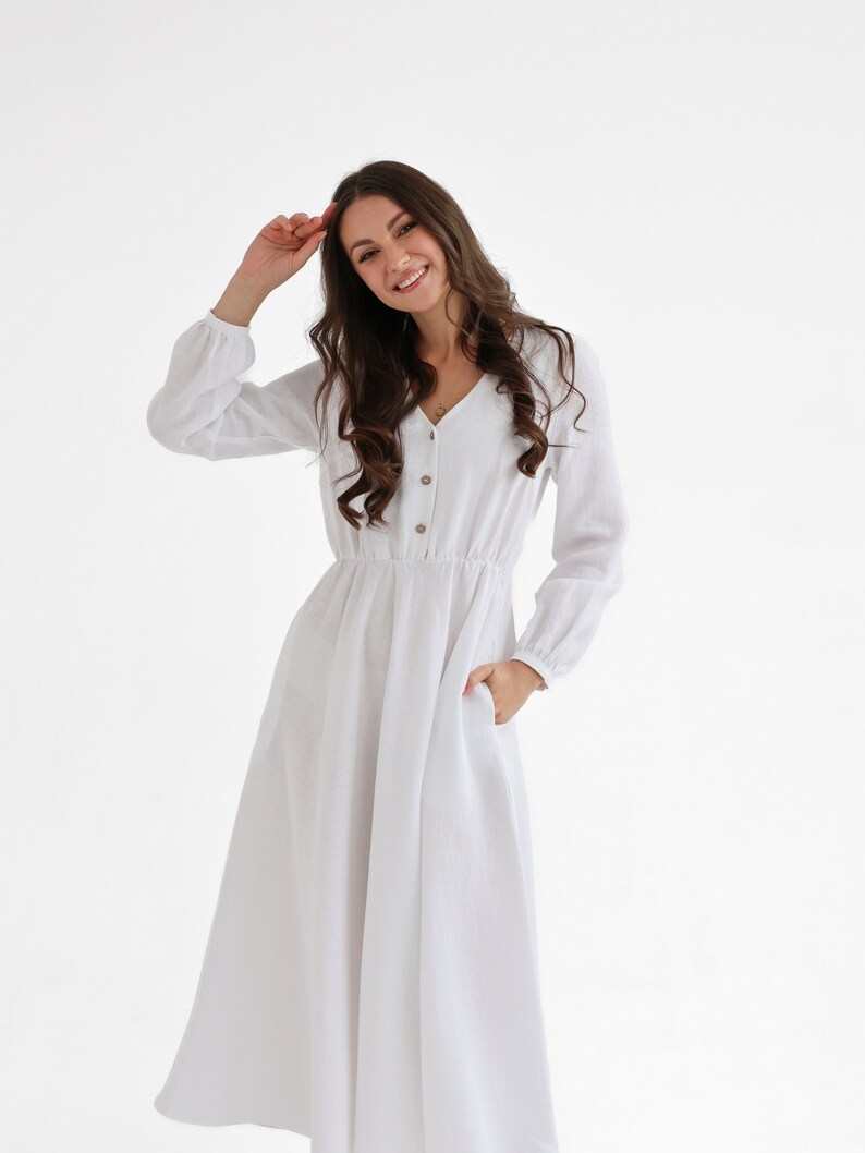 Boho linen dress in pure white color. linen dress camellia. image 1