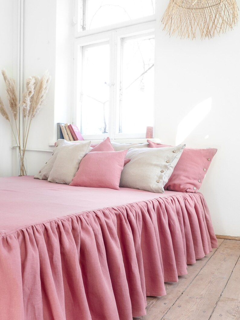 Stonewashed RUFFLED BED SKIRT. Dusty Pink Linen Bedskirt. Etsy
