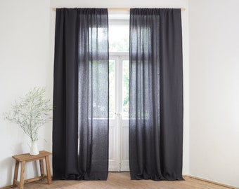 Rod pocket linen curtain panel made of medium linen (160 g/m2) / charcoal / custom sizes/ other top finishing options.