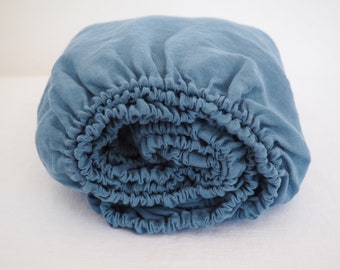 Linen FITTED sheet. Blue bed-sheet. Stonewashed sheet