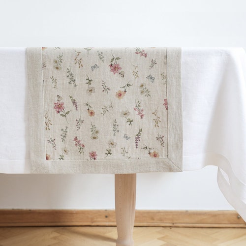 Chemin de table floral en lin épais, élégant imprimé fleurs sauvages