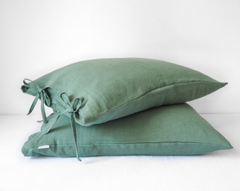 Eucalyptus green linen pillow case with ties | custom sizes