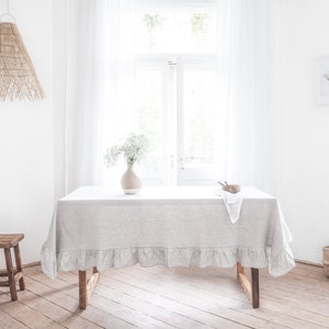 Striped linen tablecloth. ruffled rectangle tablecloth. heavy linen thick linen tablecloth.