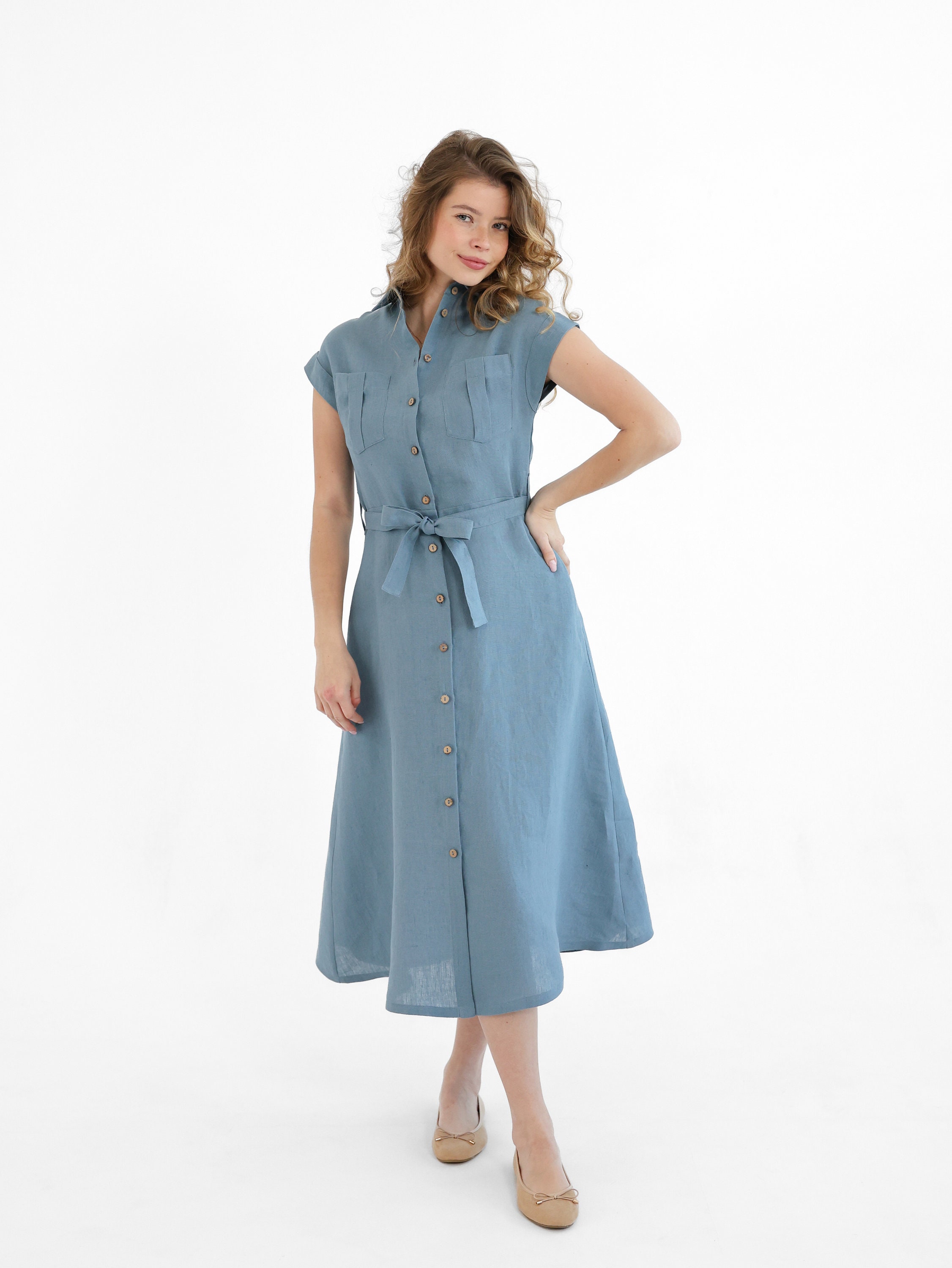 Linen Button-Front Midi Dress, Belted Shirt Dress, Summer Wear