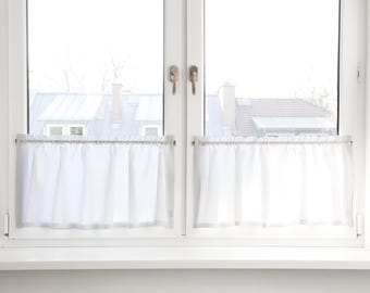 White Linen Cafe Curtain, Kitchen Window Treatment