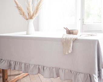 Light gray ruffled linen tablecloth. Ruffled rectangle tablecloth. Heavy linen thick linen tablecloth