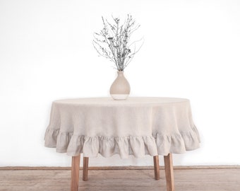 Natural Stonewashed Linen Tablecloth, Round Table Cover with Ruffle, Custom Tablecloth