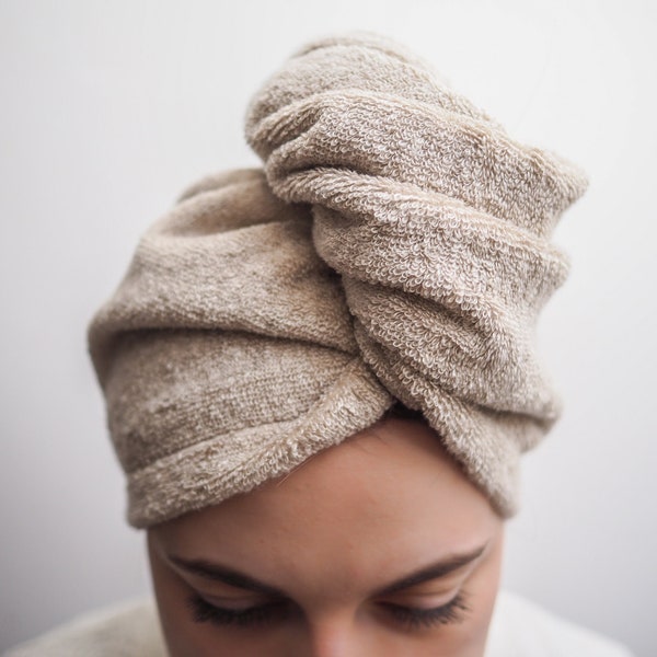 Turban en éponge de lin naturel. turban de soin des cheveux. turban de bain. turban de spa