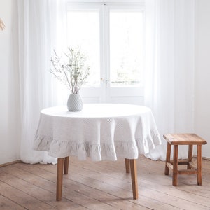 Striped round linen tablecloth. ruffled linen tablecloth. large tablecloth