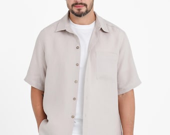 Beige Linen Short Sleeve Shirt, Handmade Mens Clothing