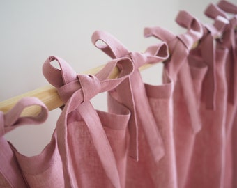 Dusty Pink Linen Curtain Panel, Tie Top, Medium Weight