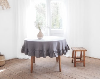 Gray Ruffled Heavy Linen Round Tablecloth, Custom Sizes