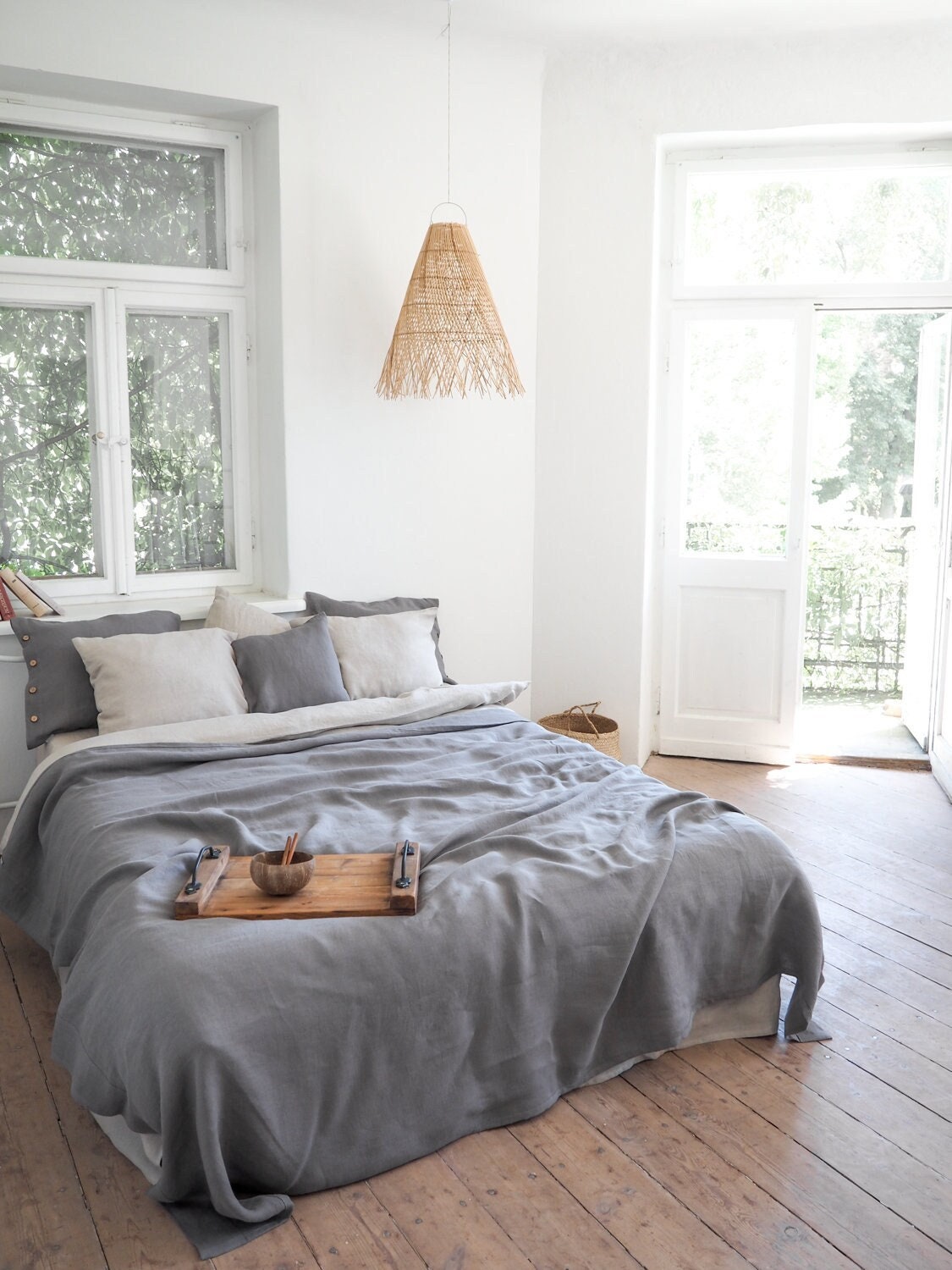 True Gray Linen Blanket, Stonewashed Heavy Linen Coverlet, King/Queen