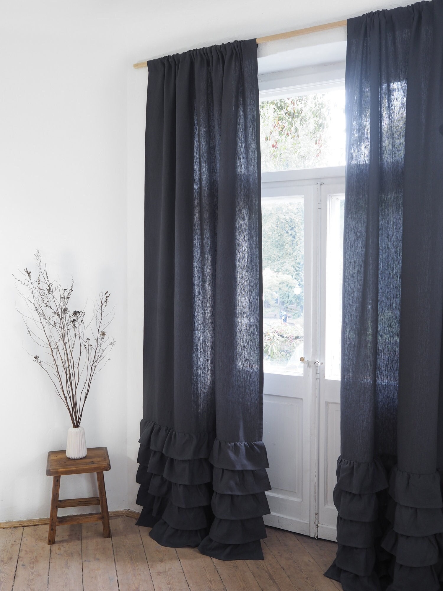 Charcoal Ruffled Heavy Linen Curtain Panel, Boho Drapes, Natural Window ...