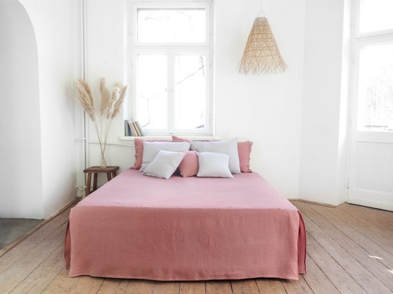 Pink Linen Bedskirt Tailored, King Size Bed Throws Pink