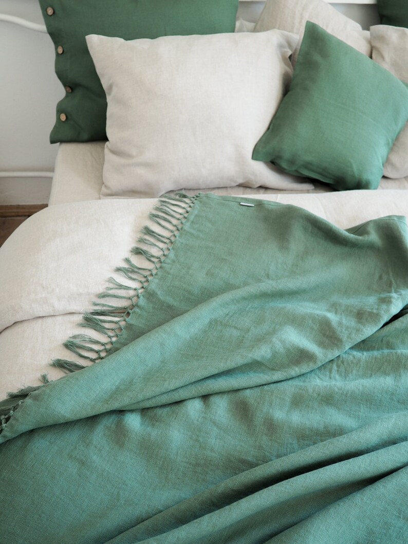 green linen bed throw