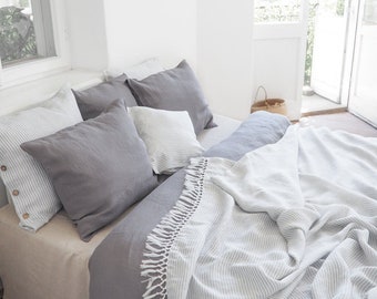 Gray Striped Linen Blanket with Fringes, Boho Beach Throw, Summer Blanket