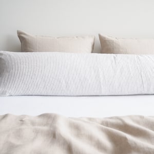 Linen body pillow pillowcase in gray stripes. Pillowcase for a long pillow made from 100% stonewashed linen.