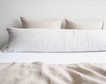 Linen body pillow pillowcase in gray stripes. Pillowcase for a long pillow made from 100% stonewashed linen.