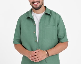 Mens Linen Shirt, Short Sleeve Relaxed Fit, 100% Linen