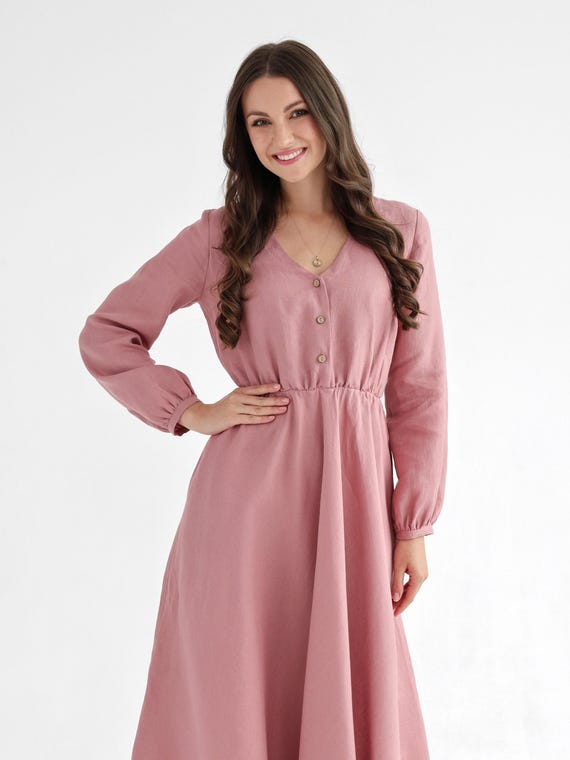 Dusty Pink Linen Dress, V-Neck Puff Sleeve, Breathable Fabric