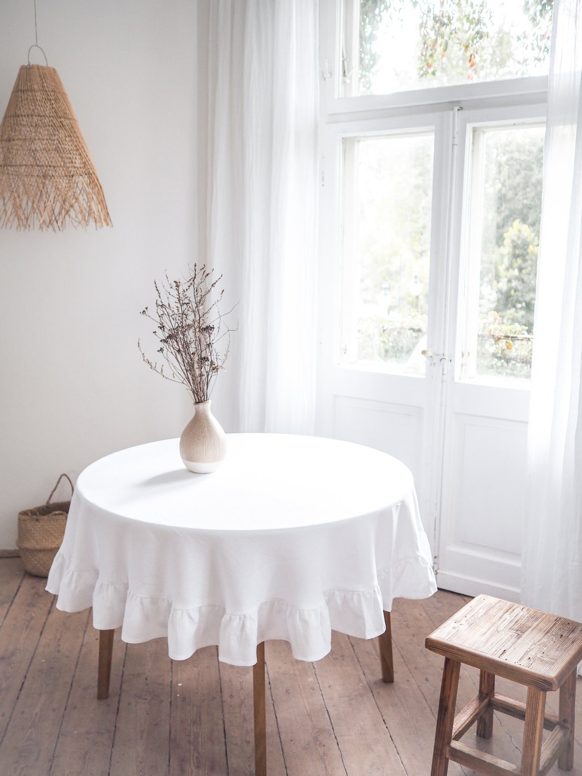 White round linen tablecloth. Ruffled linen tablecloth. Large Etsy