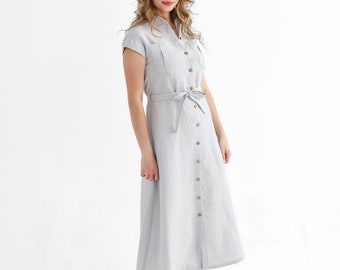 Vestido midi de lino, vestido de verano natural con cinturón.