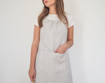 Striped Linen Apron, Adjustable Neck Tie, XS-XL, Kitchen Apron