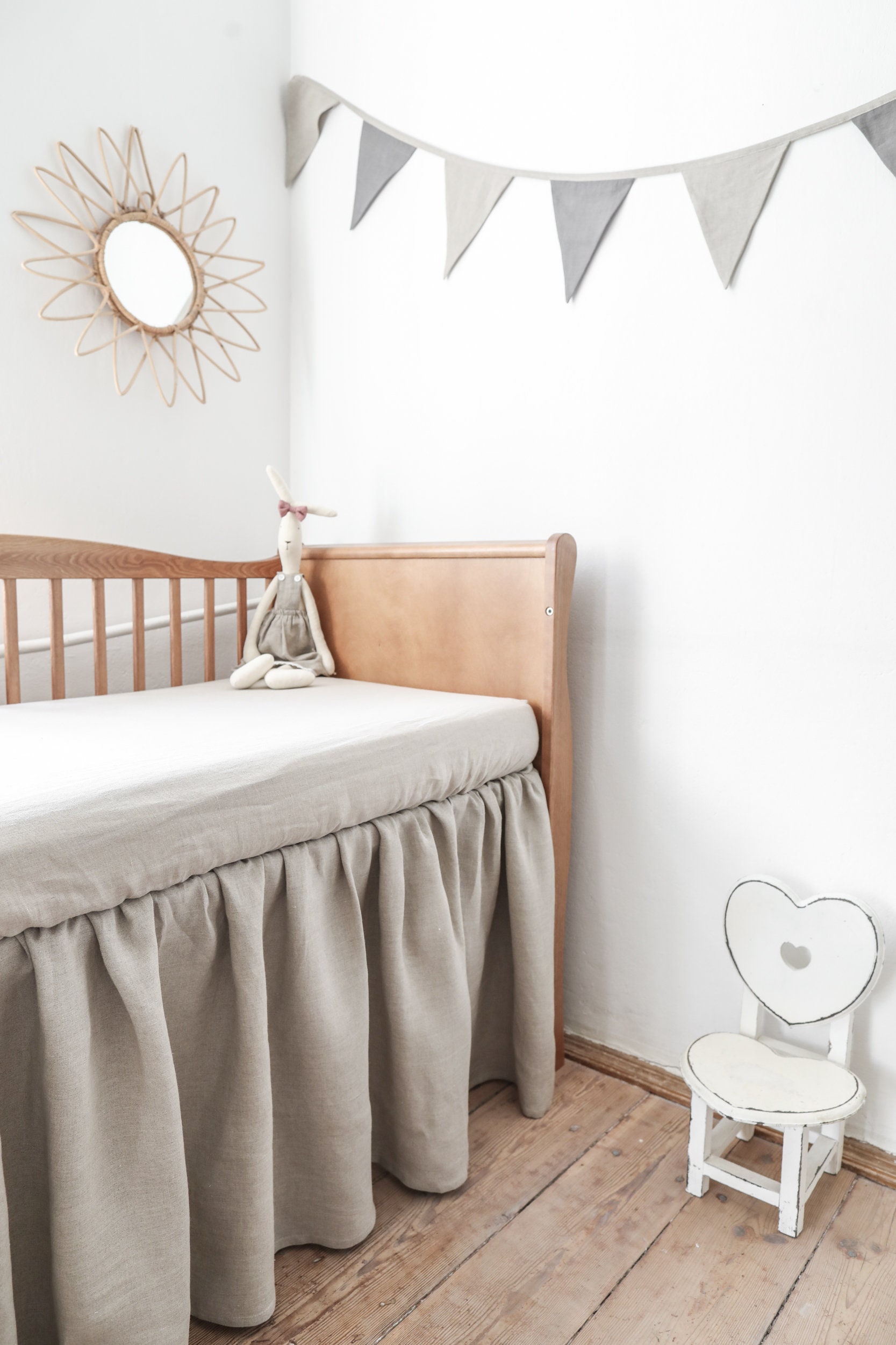 Linen Crib Skirt. Natural Gathered Skirt. Gender Neutral Nursery