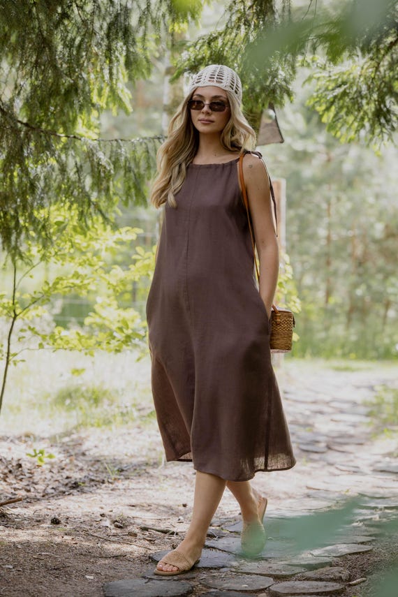 Brown Linen Midi Dress, Sleeveless, Breathable Linen Wear