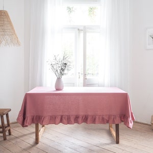Dusty pink linen tablecloth. ruffled rectangle tablecloth. heavy linen thick linen tablecloth