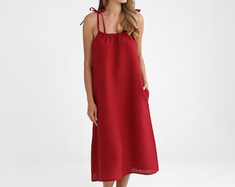 Red Linen Midi Dress, Sleeveless Sundress with Pockets, Sustainable Dress