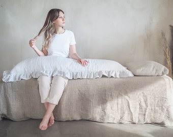 Linen body pillow pillowcase in gray stripes. Pillowcase for a long pillow with a ruffle.