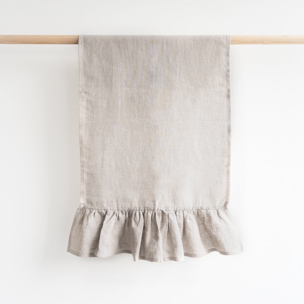 Ruffled linen hand towel. Natural linen dish towel with rustic ruffles.