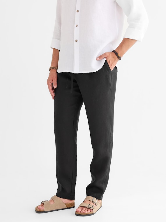 Black Linen Slim Fit Pants, Mens Tapered Leg Trousers