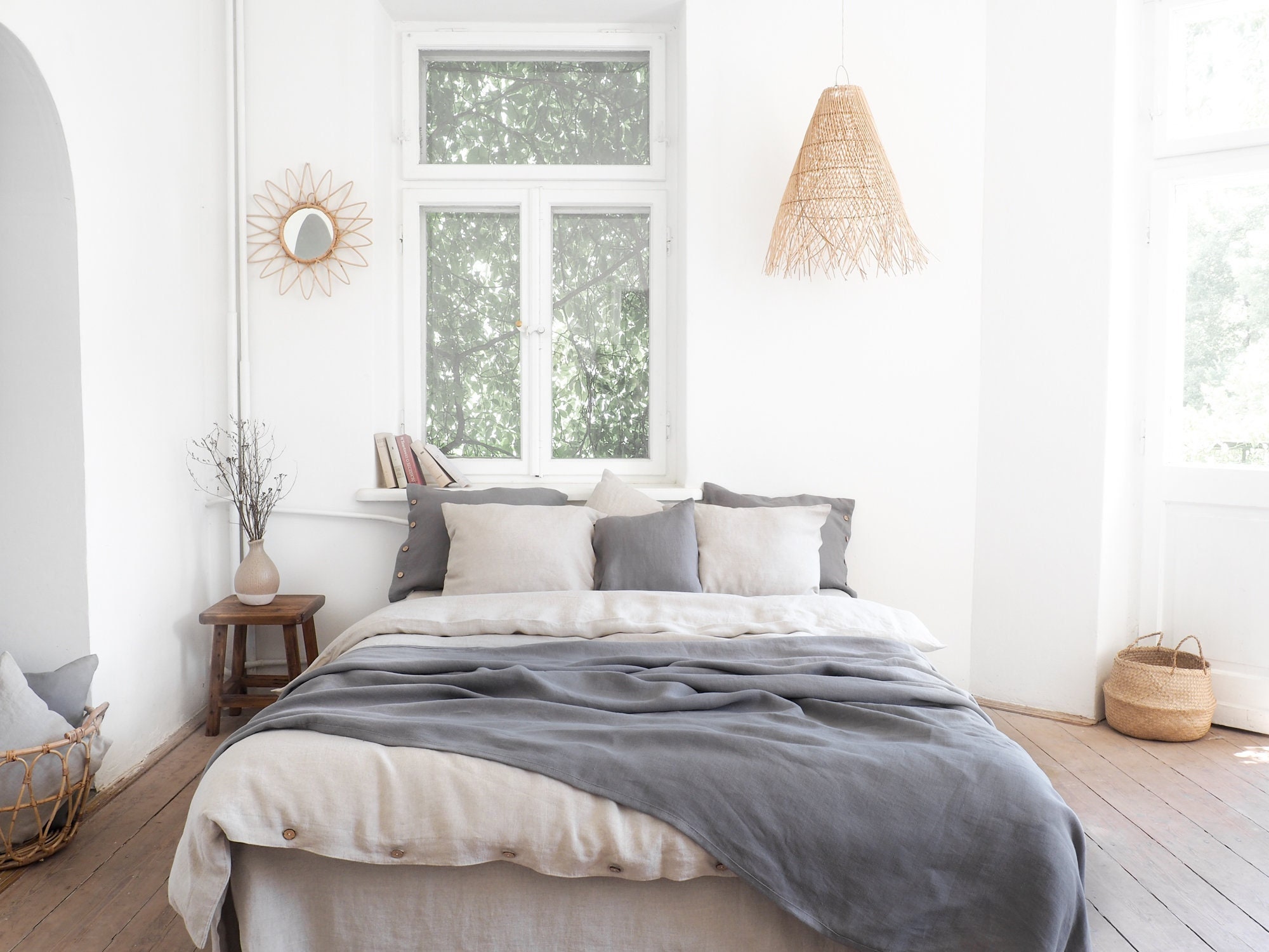 True Gray Linen Blanket, Stonewashed Heavy Linen Coverlet, King/Queen