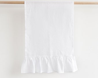 Farmhouse dish towels. Rustic linen towels with ruffles.