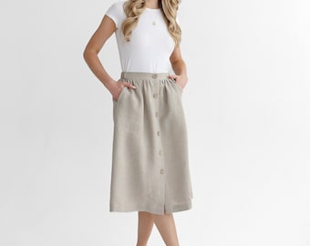 Natural Linen Skirt with Coconut Buttons, Midi Skirt