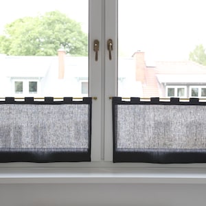 Short kitchen curtains with tab tops. Linen cafe curtains.