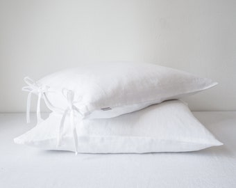 Pure white linen pillow case tied with a bow, linen pillow cover