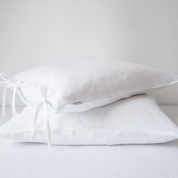 Pure white linen pillow case tied with a bow, linen pillow cover